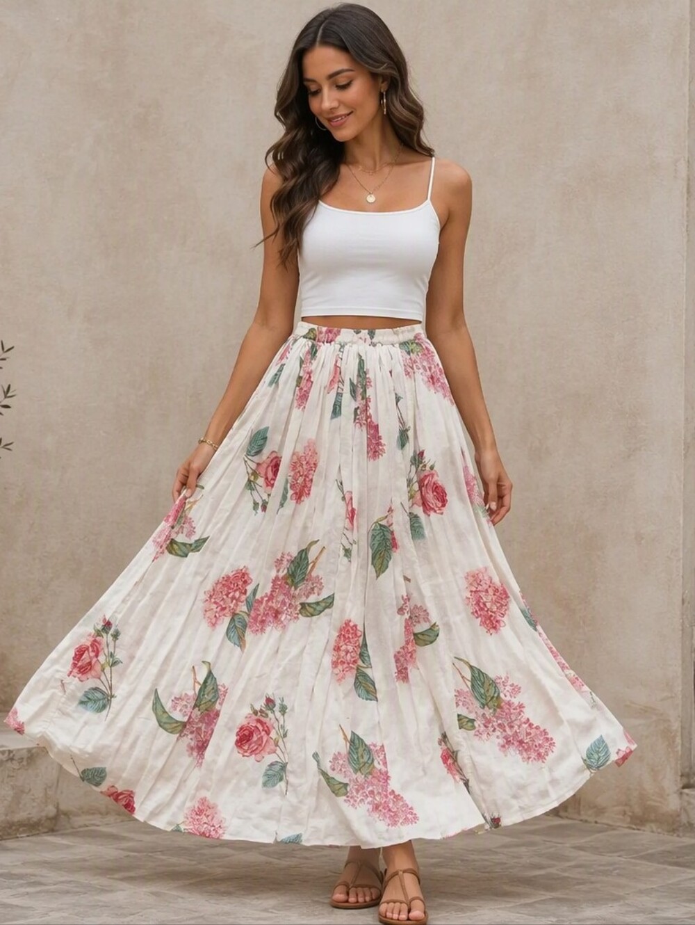 Vintage Styleworks Floral Maxi Skirt in White with Pink Floral Print